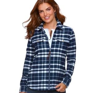 Chaps Denim Flannel Blue White Zip Up Long Sleeve Plaid Shirt Shacket EUC 2X